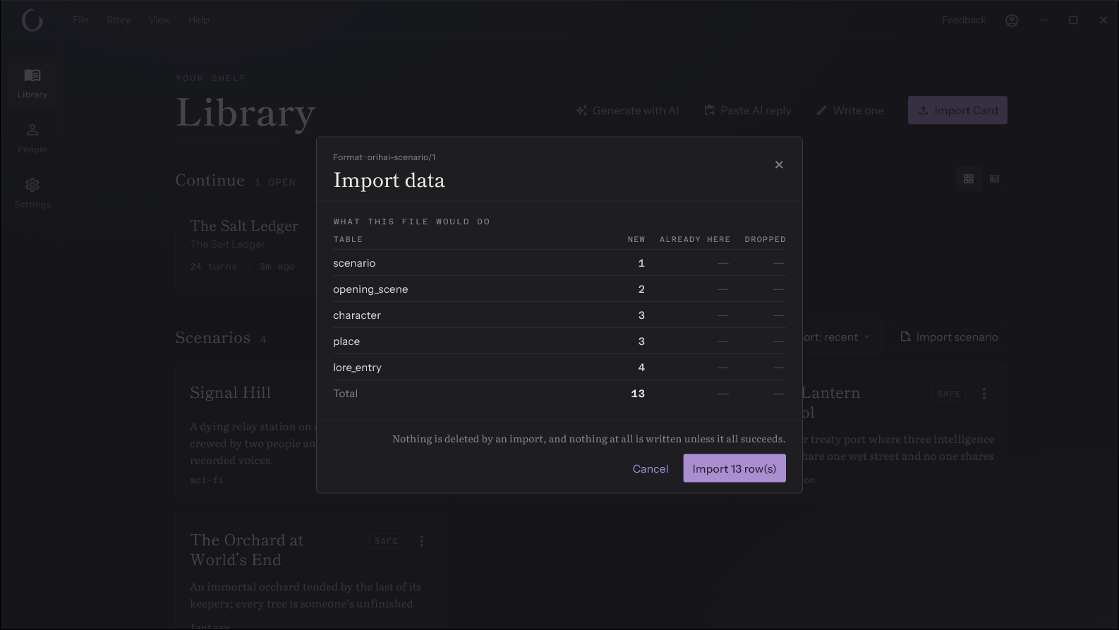 The import preview for a shared scenario: one scenario, two opening scenes, three characters, three places and four lore entries, with Cancel and Import 13 row(s).