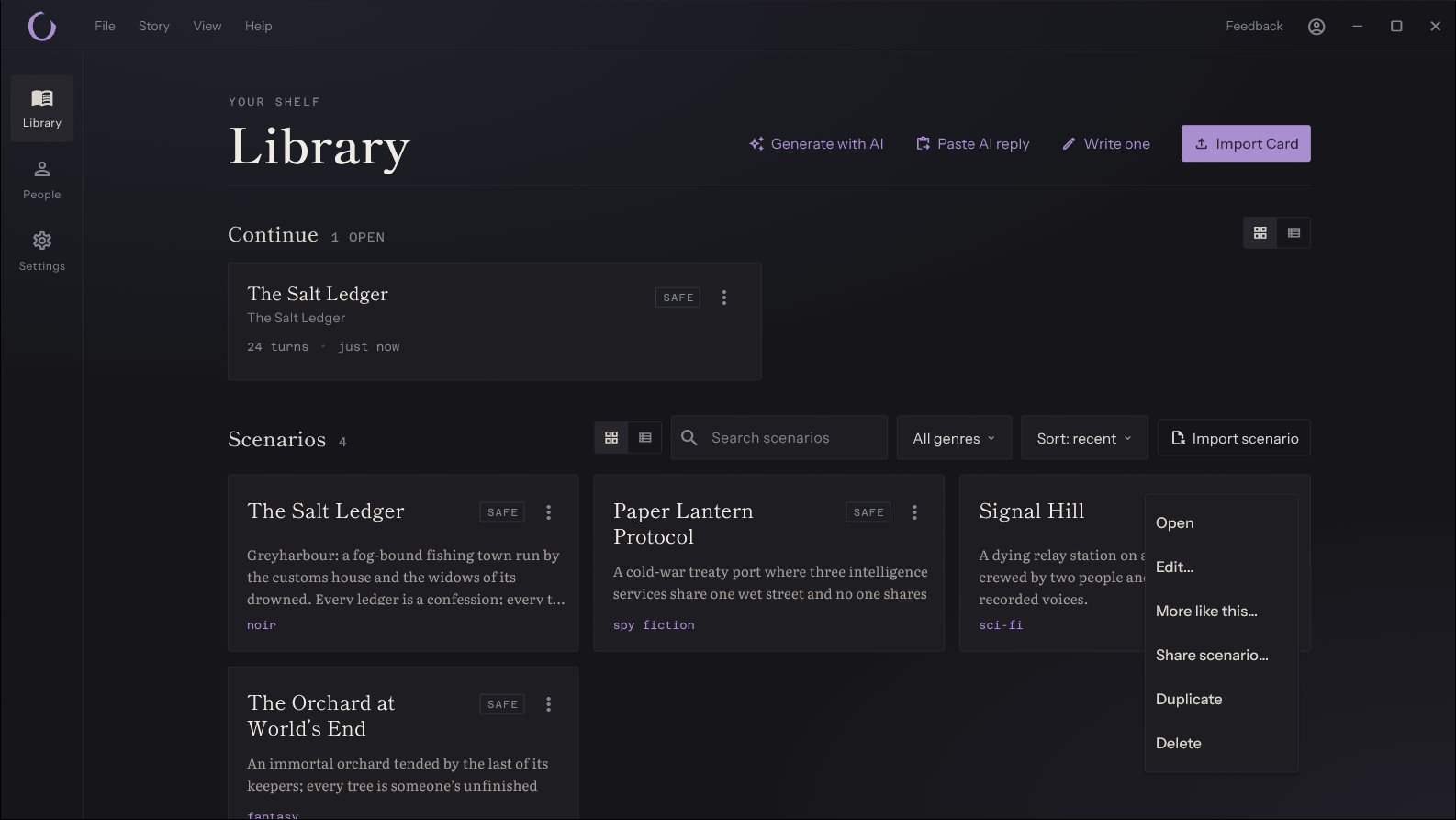 The library with a scenario's menu open, showing Share scenario… between More like this… and Duplicate.