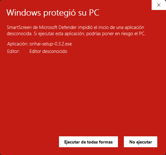 The SmartScreen dialog after choosing More info, captured on a Spanish machine: the Run anyway button is there, next to Don't run. Windows writes this dialog in your own language, so yours will say it in English.
